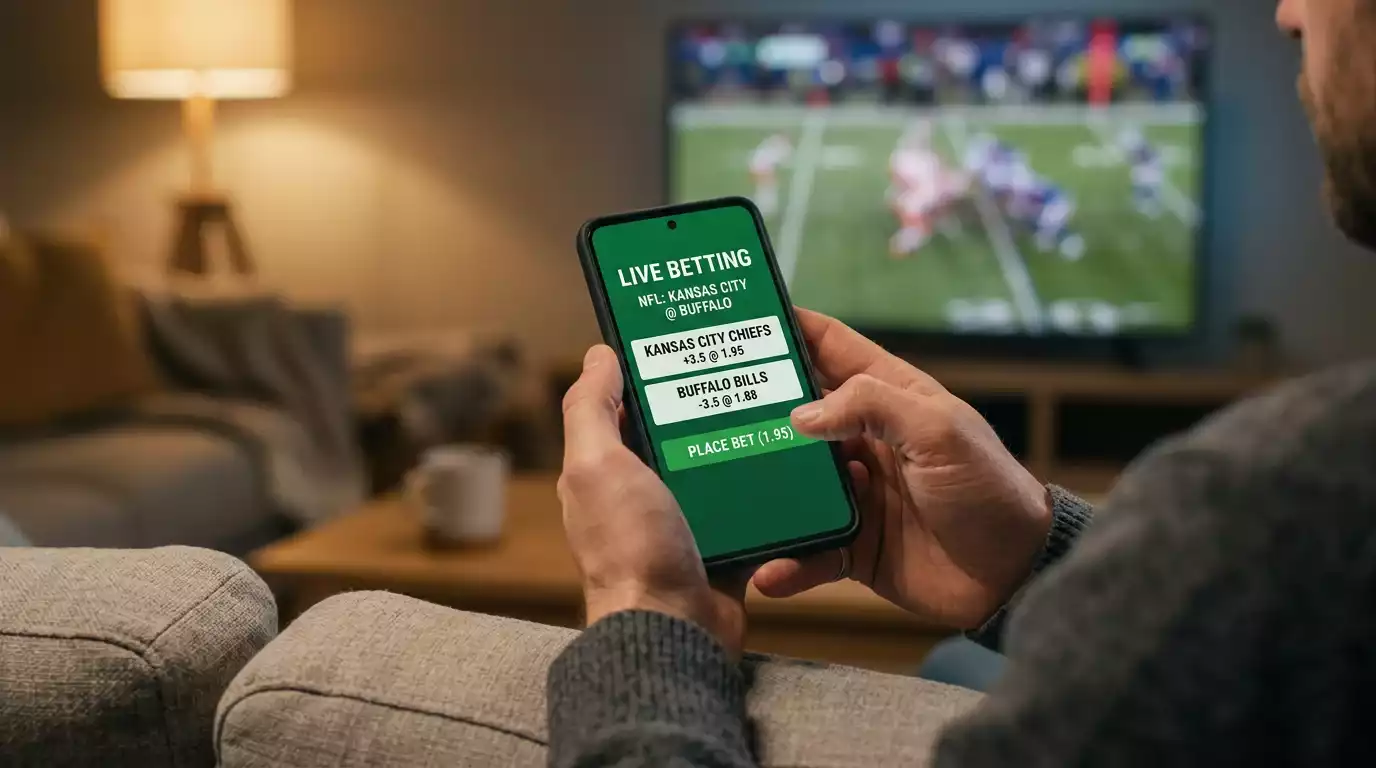 NFL in-play betting on a mobile device during a live American football game